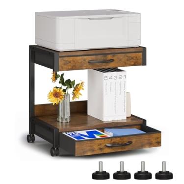 Imagem de VENNQD Suporte de impressora de mesa de 2 níveis com 2 gavetas de tecido, mesa de impressão com prateleira de armazenamento, organizador de mesa para escritório doméstico, impressora 3D, fax, scanner