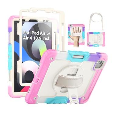 Imagem de SEYMAC Capa para iPad Air 5ª/4ª geração de 10,9 polegadas, capa protetora à prova de choque com protetor de tela, suporte giratório/alça de ombro/suporte de lápis para iPad Air 5/Air 4, colorida/rosa