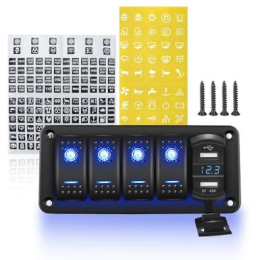 Imagem de NORTHYUN Painel de interruptor basculante de 4 grupos com carregador USB duplo de 4,8 A e voltímetro pré-cabeado à prova d'água 12 V/24 V DC painel de interruptor de alumínio com 132 peças adesivos de