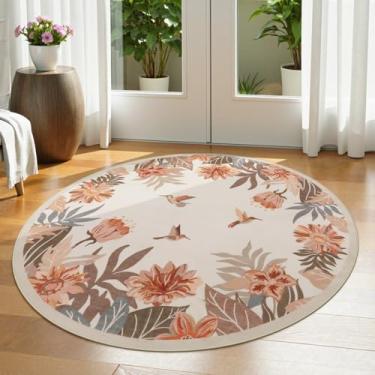Imagem de Beeiva Tapete circular floral redondo de 1,2 m, tapete circular Washabe antiderrapante para quarto, pequeno tapete estético para entrada, cozinha, berçário, quarto de crianças, sala de jogos