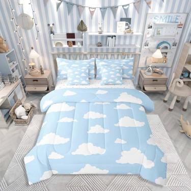 Imagem de Homewish Conjunto de edredom solteiro com nuvens brancas com desenho de nuvens brancas, céu azul, para crianças, adolescentes, adultos, todas as estações, conjunto de cama leve