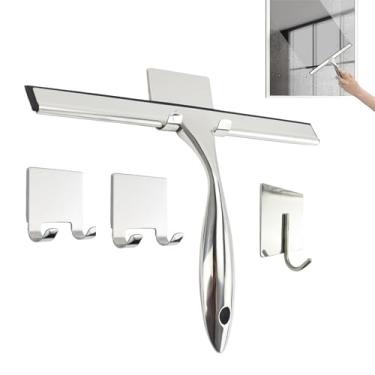 Imagem de Rodo de Chuveiro para Porta de Vidro com 3 Ganchos Adesivos, Rodo de Limpeza de Vidro de Aço Inoxidável para Banheiro & Janela de Casa, Espelhos, Azulejos e Carro, Transparente, 26.5cm, Prata