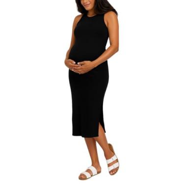 Imagem de Motherhood Maternity Vestido feminino colado ao corpo midi de malha canelada costas nadador sem mangas, Preto Jet, G