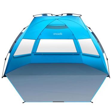 Imagem de OutdoorMaster Barraca de praia pop-up para 4 pessoas - configuração fácil e proteção solar portátil para praia com proteção FPS 50+ UV, claraboia removível, tamanho familiar - azul