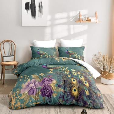 Imagem de CCoutueChen Conjunto de edredom king size floral roxo retrô animal verde pavão primavera flor vintage macio e leve para todas as estações (1 edredom, 2 fronhas)