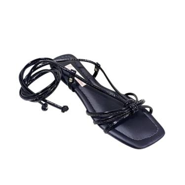 Imagem de Sandália Gladiadora Feminina, Preta, Bico Quadrado, Tiras para Amarrar na Perna, Rasteirinha Artesanal, Salto 1.5cm (Preto, BR, Adulto, Numérico, M, 34)