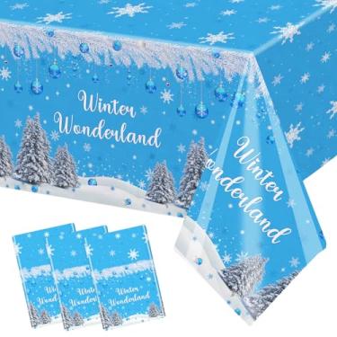 Imagem de MEHOFOND Pacote com 3 toalhas de mesa Winter Wonderland, toalha de mesa de plástico descartável para árvore de Natal com floco de neve de inverno, 137 x 274 cm, capa de mesa azul para decoração de