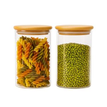 Imagem de Kit 2 Potes de Vidro Hermético com Tampa de Bambu Vedação com Anel de Silicone Recipientes de Armazenamento para Grãos Cereais e Alimentos Secos 2 Peças com Medidas 640ml Premium