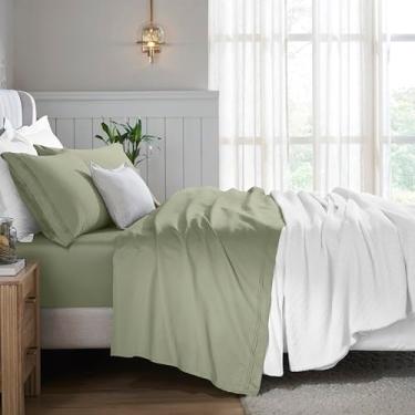 Imagem de Superior Jogo de lençol de algodão egípcio com 4 peças, 650 fios, design moderno, lençóis sustentáveis, básicos ultramacios, liso, lençol de cima, fronhas, queen olímpico, sálvia