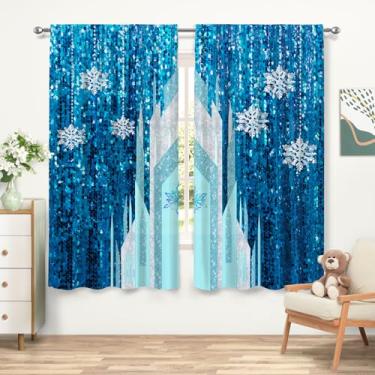 Imagem de ZTHMOE Cortinas de castelo de neve de gelo princesa menina país das maravilhas floco de neve paisagem de neve bolso varão tratamento cortinas para quarto sala de estar conjunto de 2 painéis 132 x 189