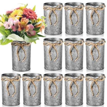 Imagem de YBEATY Vaso de fazenda de 12 peças de altura com laço de barbante vintage decorado de metal rústico, vasos florais galvanizados, baldes para flores artificiais, mesa de casa, decoração de casamentos
