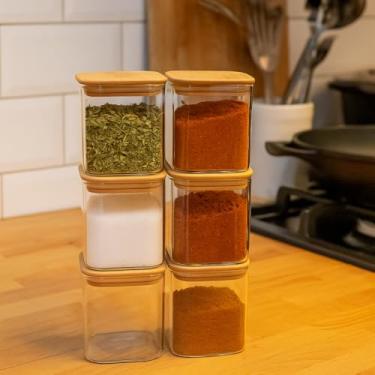 Imagem de Kit 6un Potes Herméticos Quadrado de Vidro com Tampa de Bambu, Transparente, 350ml, 8x8cm