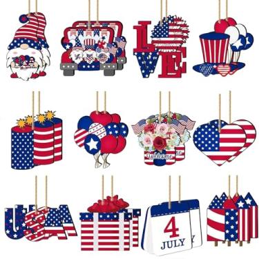Imagem de 24 peças de enfeites de pendurar para árvores de 4 de julho - placas de madeira patrióticas, decoração do Dia do Trabalho, vermelho, azul, EUA, gnomo, caminhão, recorte de madeira para lembrancinhas