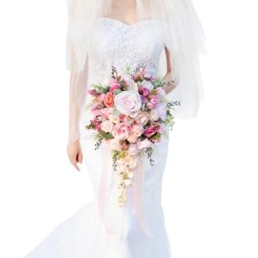 Imagem de Floinla Buquês de casamento em cascata de 30 cm para noiva, buquê de noiva em cascata rosa e fúcsia para casamento, flores artificiais de seda