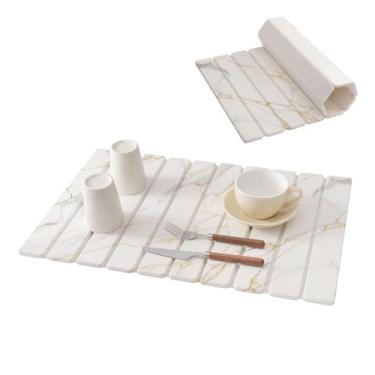 Imagem de Tapete grande de secagem de pratos de pedra para balcão de cozinha 61 cm x 40 cm de secagem rápida absorvente dobrável placa de drenagem tapetes de terra de diatomáceas para pratos, copos, pia