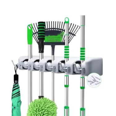 Imagem de Suporte de Vassoura 2 em 1 Multiuso para Parede Rack de Armazenamento para Garagem Organizador de Ferramentas Jardim 5 Suportes 6 Ganchos
