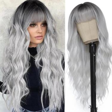 Imagem de Peruca MINSEEYOO Silver Grey Wavy 66 cm com franja resistente ao calor