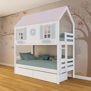 Imagem de Beliche Casinha Bela Com Coração 2 Gavetas - Madeira Maciça Branco-rosa-verde Megamobilia