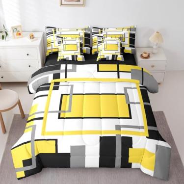 Imagem de Erosebridal Conjunto de edredom Queen, quadrado, abstrato, amarelo, preto, moderno, geométrico, para mulheres, homens e adultos, boêmio, listrado, com lençóis, minimalista, de meados do século