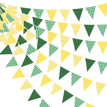 Imagem de Decoração de festa verde amarela de 80 m, faixa de guingão verde e amarela, búfalo, xadrez, triângulo, bandeira, flâmulas de tecido para guirlanda de tecido para mestre, golfe, aniversário, chá de