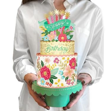 Imagem de Freshcut Paper Cartão de aniversário pop up para mulheres, bolo de aniversário florescendo, bolo em camadas tamanho real de 30 cm, cartões pop-up 3D com cartão de notas e envelope em branco