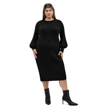 Imagem de City Chic Vestido feminino plus size - Sarah manga longa canelada, Preto, 46
