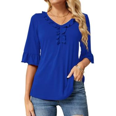 Imagem de Camisa Ivicoer de manga 3/4 com decote em V com babados de verão para 