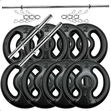 Imagem de Kit Anilhas Emborrachadas Preta 20 Kg + Barras com Presilhas - BOX ING