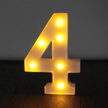 Imagem de Letreiro de luzes de letreiro, letreiro de LED com letras grandes com 26 alfabetos e 10 números para decoração de festa, decoração suspensa para festa em casa, casamento, aniversário, número 4