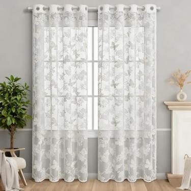Imagem de Cortinas bordadas de borboleta branca painéis transparentes de renda para pendurar na janela da porta elegantes decorações de quarto de casamento voile saia tule borboleta transparente cortinas ilhós