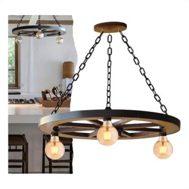 Imagem de Lustre Pendente Rústico Roda Carroça Dupla Corrente Bocais E27 Bivolt Iluminação Decorativa Madeira Ferro Estilo Vintage Industrial Ambientes Sala Jantar Cozinha Varanda Chácara (Média)