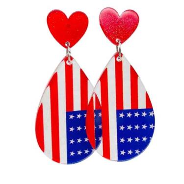 Imagem de Brincos femininos com pingente de coração de lágrima de 4 de julho, vermelho, branco e azul, middle, Metal, Sem pedra preciosa