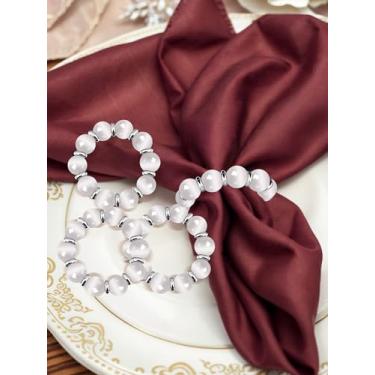 Imagem de Anéis de guardanapo, suporte de guardanapo elástico com contas de pedra para decoração de mesa, capina, jantar, conjunto de 4 peças (branco)