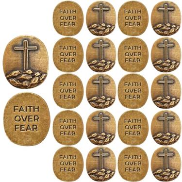 Imagem de aiviwiai Faith Over Fear Cross Pocket Coin - Religious Christian Gift Worry Stone Encouragement Token for Men Women Kids Baptism Confirmation Easter (20, Antique Gold)