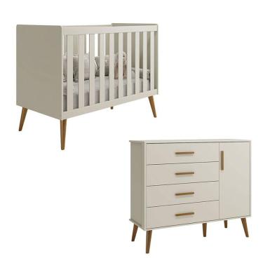 Imagem de Berço Americano E Cômoda Infantil Com Porta Isis Areia Acetinado - Reller