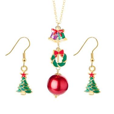 Imagem de Conjunto de joias de Natal esmaltado, colorido, Papai Noel, bengala doce, floco de neve, sinos, guirlanda de rena, árvore de Natal, boneco de neve, colar longo com pingente para mulheres, Natal, festa