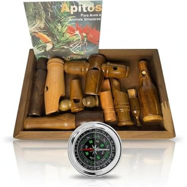 Imagem de 9 Apitos De Madeira P/Aves E Animais Silvestres Caça Livro Manual + Bússola Profissional 7,5 Portátil Camping Caça Trilha