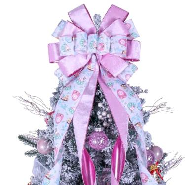 Imagem de Topper de árvore de Natal, arco de guirlanda, grande, rosa, enfeite de árvore de Natal, 132 x 33 cm, fita de veludo, laço de presente para Natal, casa, casamento, ação de graças, decoração interna