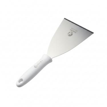 Imagem de Espátula Profissional em Aço Inox com Cabo Branco, 23,5 cm x 12 cm, 175g, para Hambúrguer, Chapa e Confeitaria
