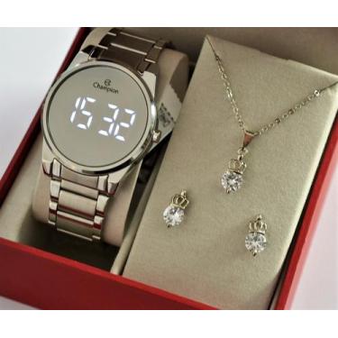 Imagem de Relogio champion prateado espelhado redondo digital ch40124s + kit sem