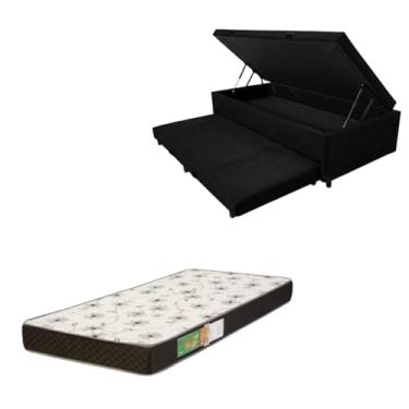 Imagem de Cama Box Baú Solteiro com Auxiliar (Bicama) + Colchão Solteiro Espuma D20 12cm | Kit Completo com Cabeceira Botonê Opcional | Diversas Cores (2, SUEDE PRETO, SEM CABECEIRA)