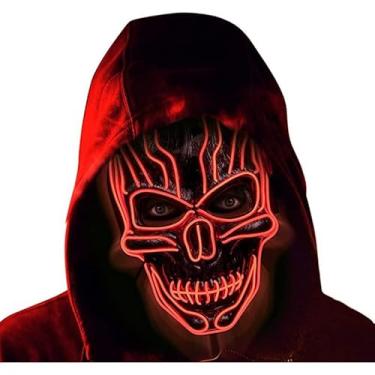 Imagem de SHANJIA Máscara de Halloween, máscara iluminada, crânio assustador com iluminação LED para festival de Halloween, cosplay, baile de máscaras, festa de carnaval (vermelha)