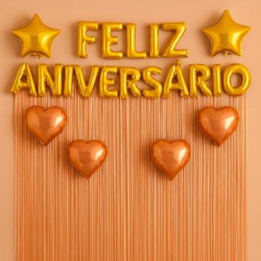 Imagem de Kit Decoração Feliz Aniversário, Cortinas Metalizadas 1x2m e Balões Estrela e Coração (Rose Gold e Dourado)