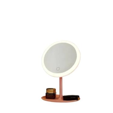 Imagem de Espelho de Maquiagem LED com Iluminação Dupla, Base Rosa/Branca, 18cm Diâmetro, Alimentação USB, Ajuste Touch, Portátil para Penteadeira