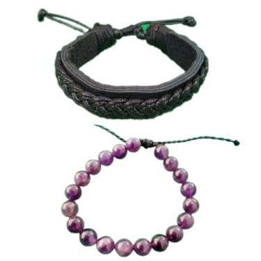 Imagem de Pulseira Dupla Artesanal em Couro com Pedra Ametista Natural, Feita à Mão