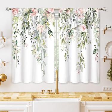 Imagem de oolygoo Cortinas de madeira rosa rosa eucalipto botânicas folhas florais para janela de cozinha casa de fazenda folha de flor pequeno tratamento verde sálvia café cortinas curtas para tratamento de