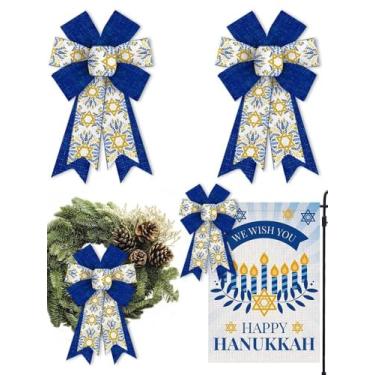 Imagem de 2 peças de laço de Hanukkah para grinalda, coroa de flores azul de serapilheira da estrela de Davi para decoração de festa de Hanukkah, laço de Natal hebraico judaico para porta da frente, interior e