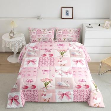 Imagem de jejeloiu Conjunto de edredom casal com estampa de cerejeira para meninos, meninas, adolescentes, coração, laço e princesa, conjunto de edredom rosa pálido