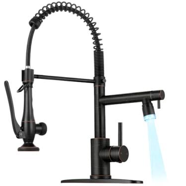 Imagem de RNDIOZD Torneira de cozinha LED com pulverizador de puxar para baixo - Torneiras de cozinha comerciais de manípulo único ORB, torneira de pia de cozinha de aço inoxidável com 2 bicos, 1/3 furo com