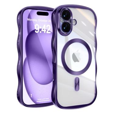 Imagem de UEEBAI Capa para iPhone 16, linda capa de celular magnética com moldura ondulada compatível com Magsafe capa de proteção completa para câmera macia galvanizada para mulheres e meninas - roxa
